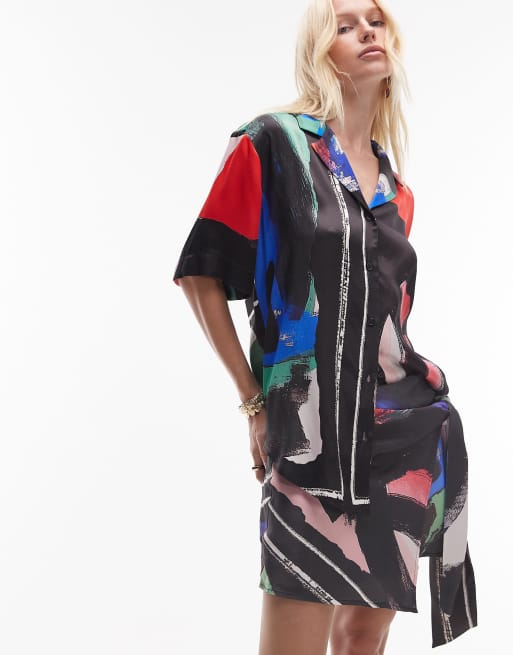 Topshop - Camicia resort oversize in raso con stampa foulard fantasia