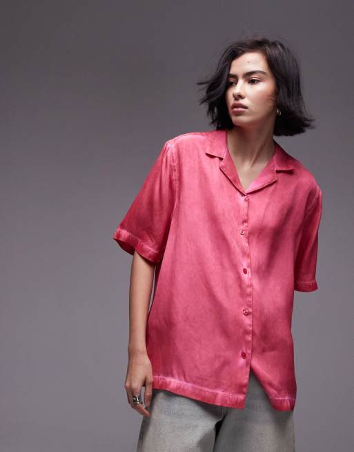 Topshop - Camicia rosa a maniche corte in raso in coordinato 