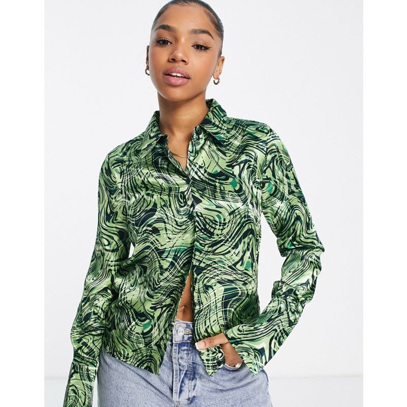 Top Camicie e bluse Topshop - Camicia slim con polsini in raso con stampa astratta verde