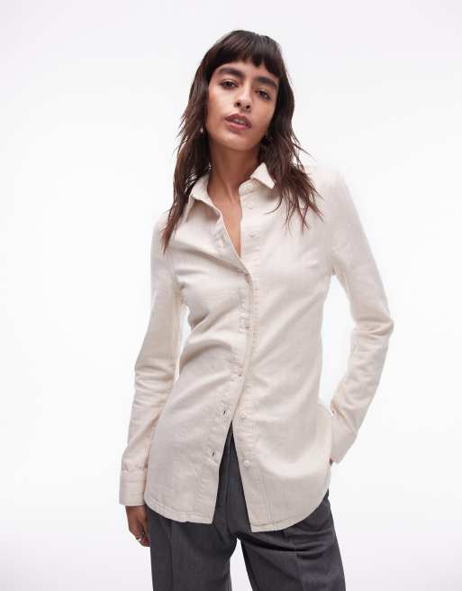 Topshop - Camicia slim in denim écru a righe