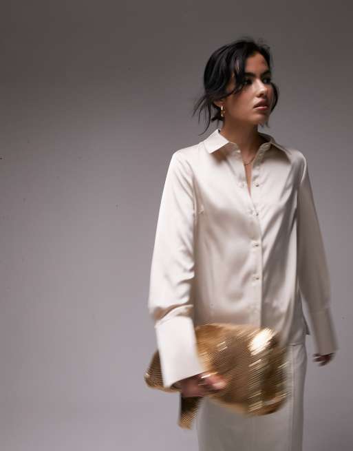 Topshop Camicia slim in raso color champagne ASOS