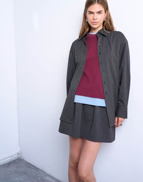 Topshop - Camicia spazzolata grigio antracite sartoriale con motivo gessato - view 1