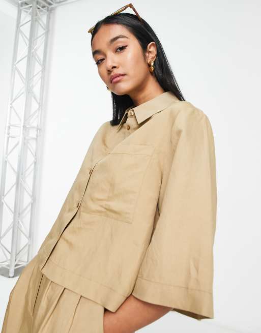 Topshop - Camicia squadrata in lino cammello in coordinato