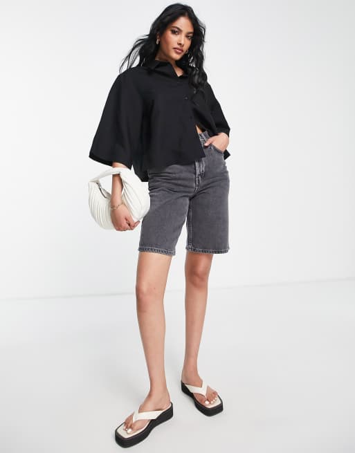 Topshop - Camicia squadrata in lino nero in coordinato