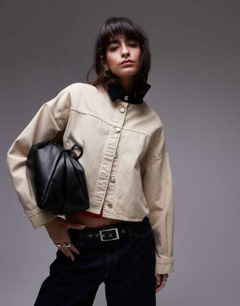 Topshop - Camicia squadrata lunga in tela color cuoio con colletto in tessuto a coste a contrasto - view 1