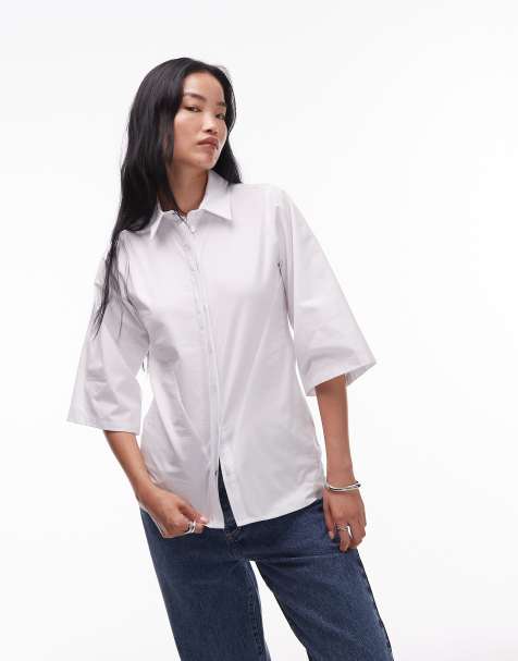 Topshop - Camicia stile bowling bianca in popeline con rever - view 1