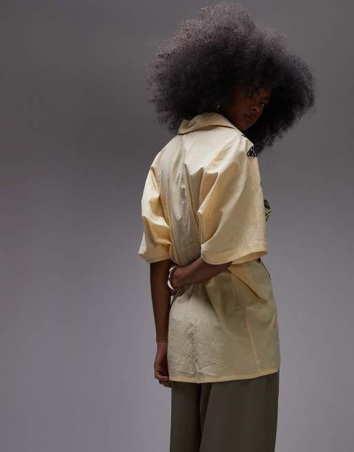 Topshop - Camicia stretta in vita color latticello in popeline con ricamo, 3 di 4