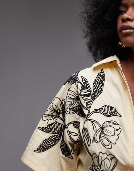 Topshop - Camicia stretta in vita color latticello in popeline con ricamo, 4 di 4