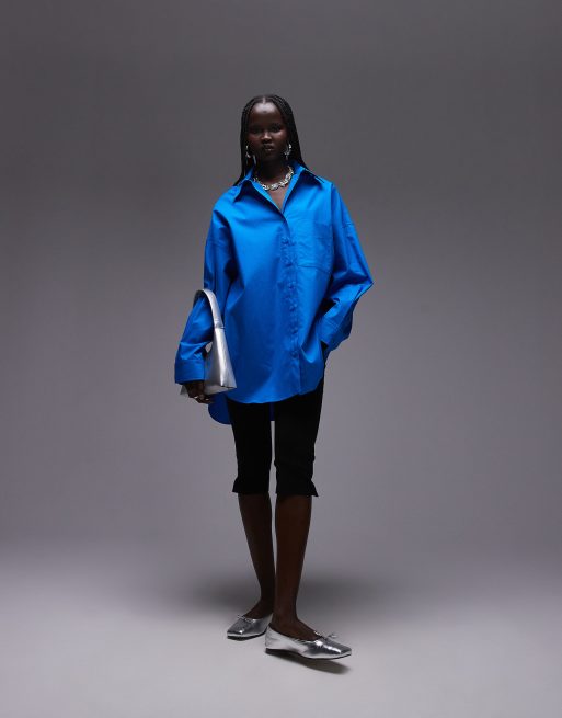 Topshop - Camicia super oversize in popeline blu cobalto, 4 di 4