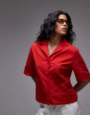 Topshop - Camicia taglio corto rossa in pizzo sangallo in coordinato - view 1