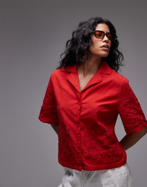 Topshop - Camicia taglio corto rossa in pizzo sangallo in coordinato