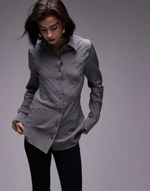 Topshop - Camicia taglio lungo stropicciata grigio antracite