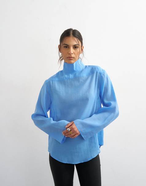 Topshop - Camisa azul aciano de manga larga con cuello alzado invertido - view 1