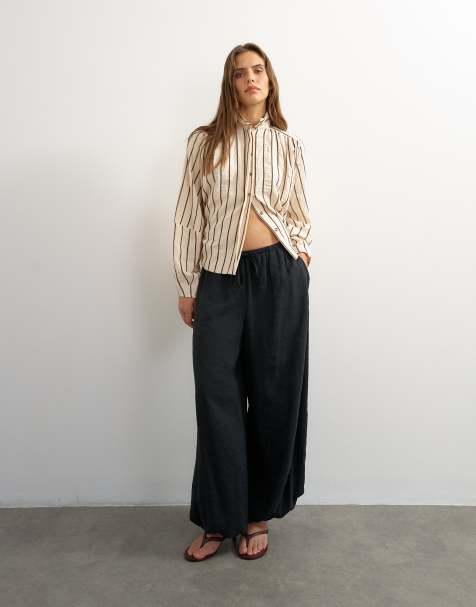 Topshop - camisa de cuello alto con mangas globo a rayas neutras - view 1