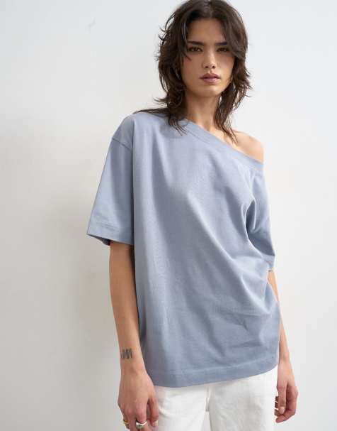 Topshop - Camiseta azul empolvado con hombros caídos - view 1