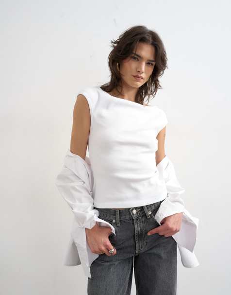 Topshop - Camiseta blanca sin mangas con cuello barco de estilo años 90 - view 1