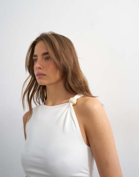Topshop - Camiseta blanco marfil fruncida sin mangas con detalle de nudo y cuentas - view 1