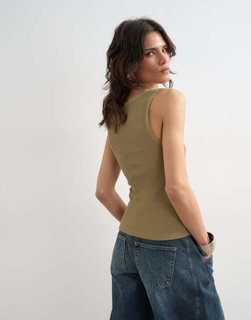 Topshop - Camiseta caqui lavado sin mangas de tejido gofrado con ribete de tejido liso, 4 de 4