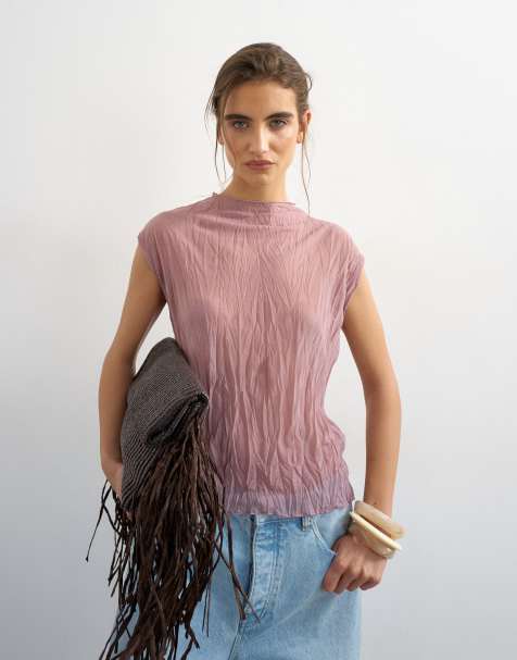 Topshop - Camiseta color malva pálido entallada de malla efecto arrugado - view 1