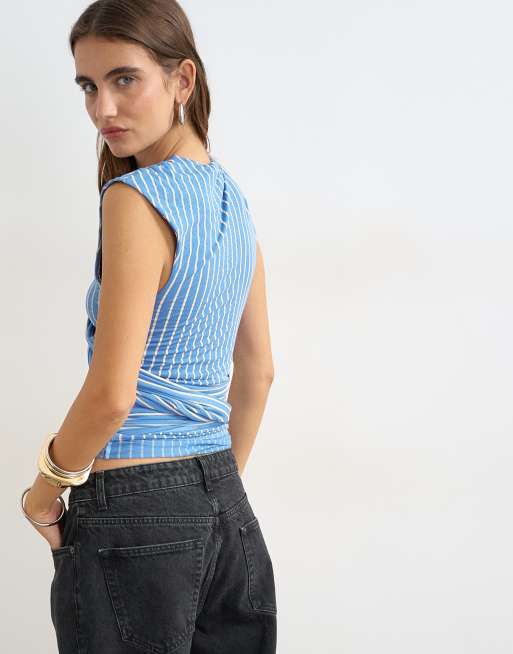Topshop - camiseta cruzada a rayas azul, 3 de 4