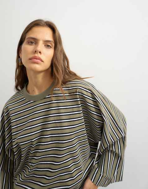 Topshop camiseta de manga larga con manga murciélago a rayas en caqui - view 1