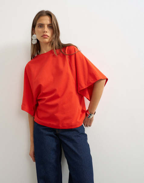 Topshop - camiseta de manga murciélago en rojo - view 1