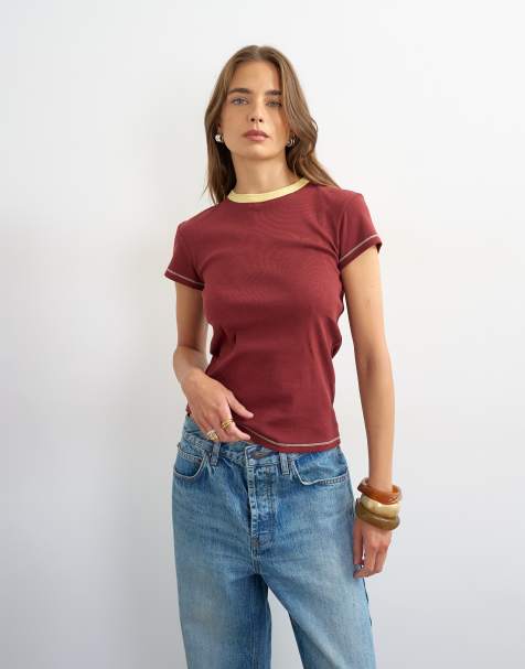 Topshop - camiseta de punto con detalle de ribete para diario en burdeos - view 1