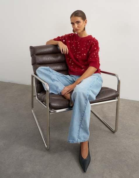 Topshop camiseta de punto de media manga con cuello de pico y lentejuelas en rojo - view 1