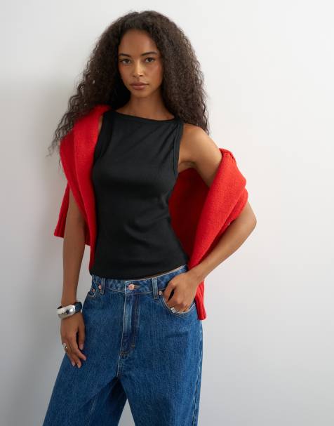 Topshop - camiseta de tirantes con escote asimétrico en negro lavado - view 1