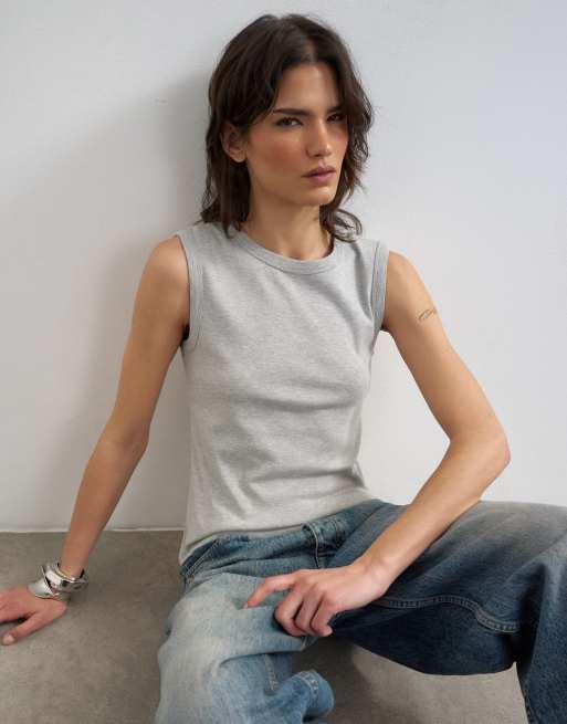 Topshop - Camiseta gris jaspeado sin mangas de corte slim, 3 de 4