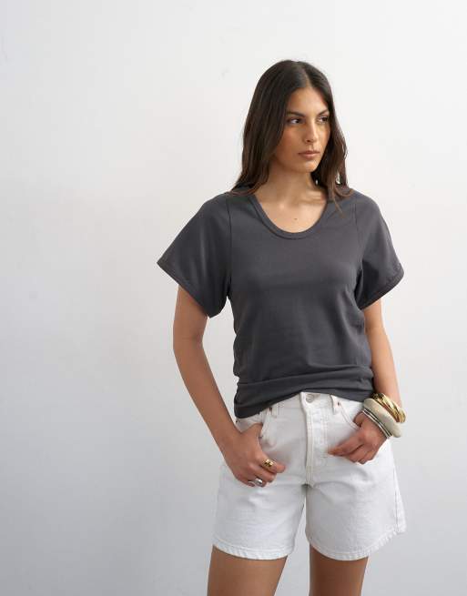 Topshop - Camiseta gris pizarra moldeada con cuello ancho, 3 de 4