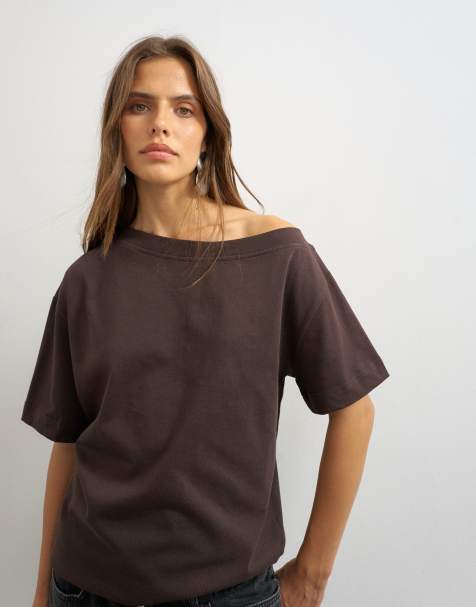 Topshop - Camiseta marrón chocolate oscuro con hombros caídos - view 1