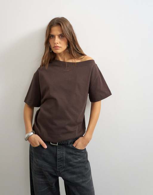 Topshop - Camiseta marrón chocolate oscuro con hombros caídos, 3 de 4