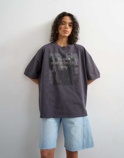 Topshop - Camiseta negro lavado extragrande con estampado de Blondie con licencia, 3 de 4