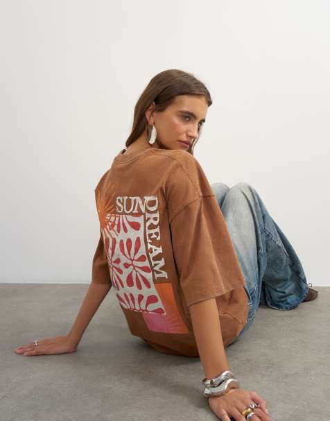 Topshop - camiseta oversize marrón con detalle bordado gráfico 'Sundream' - view 1