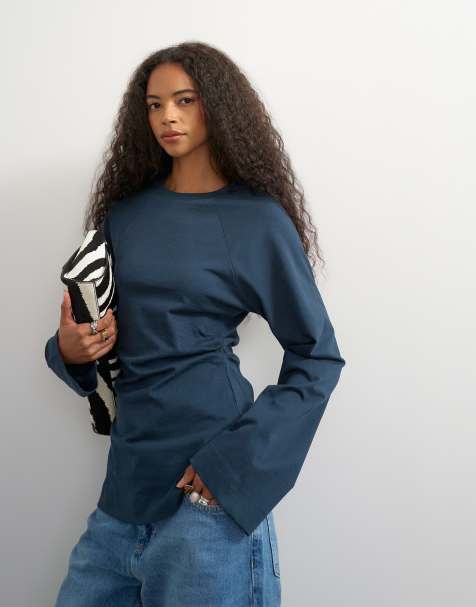 Topshop - camiseta raglán de manga larga con cintura entallada en azul grisáceo - view 1