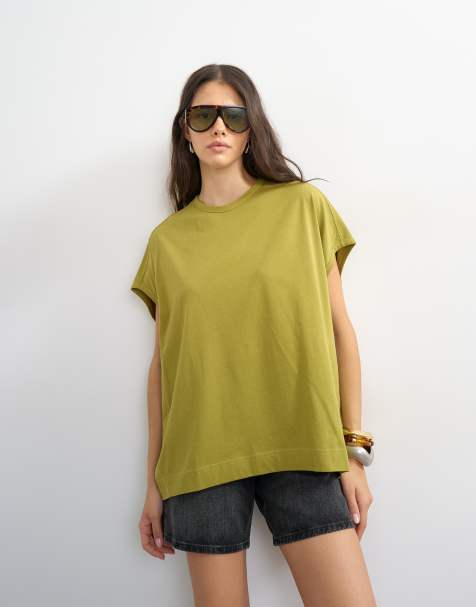 Topshop - Camiseta verde oliva extragrande sin mangas con diseño orbicular - view 1