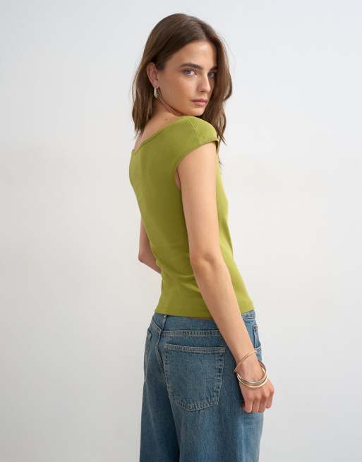 Topshop - Camiseta verde sin mangas con cuello barco de estilo años 90, 2 de 4