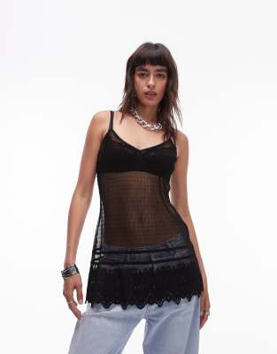 Topshop - Camisole aus Dobby-Stoff in Schwarz mit Spitzenborte