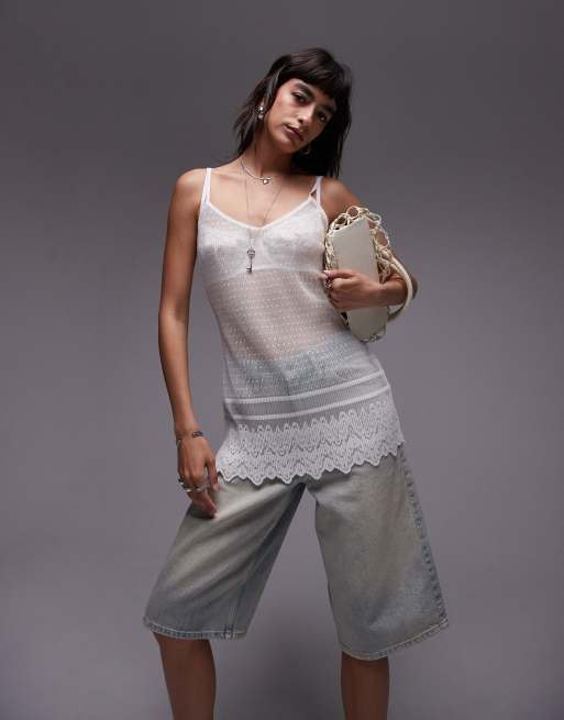 Topshop – Camisole aus genoppter Spitze in Weiß