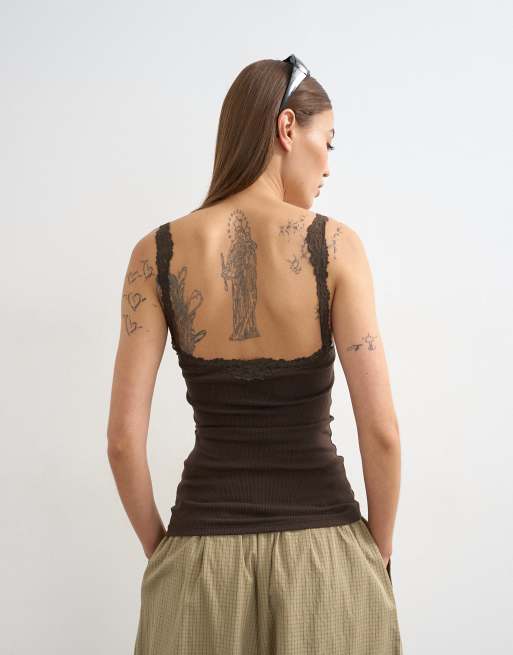 Topshop – Camisole in dunklem Schokoladenbraun mit Spitzenbesatz, 4 von 4