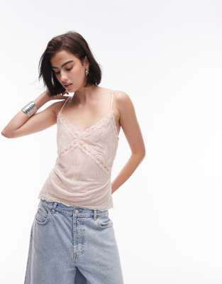 Topshop - Camisole in Rosa aus Stoffmix mit Spitze