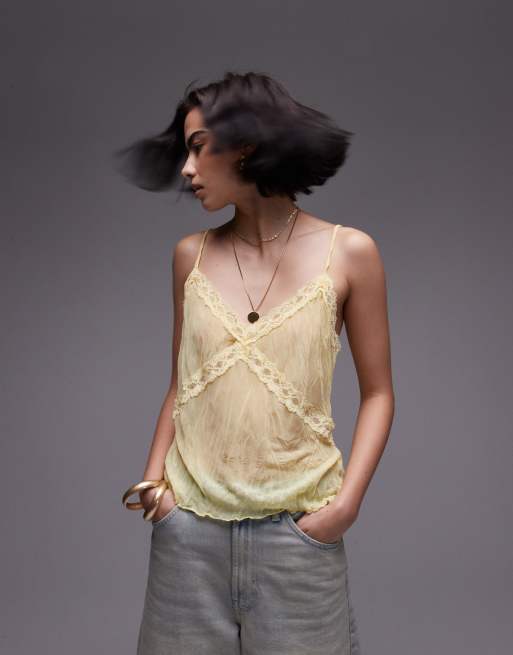 Topshop – Camisole in Zitronengelb mit Spitze