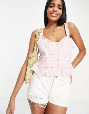 Topshop - Camisole mit Lochstickerei und Biesen in Rosa