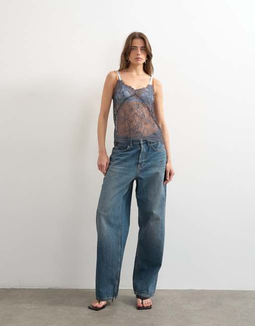 Topshop – Camisole-Oberteil aus grauer Spitze mit oranger Paspelierung, 4 von 4