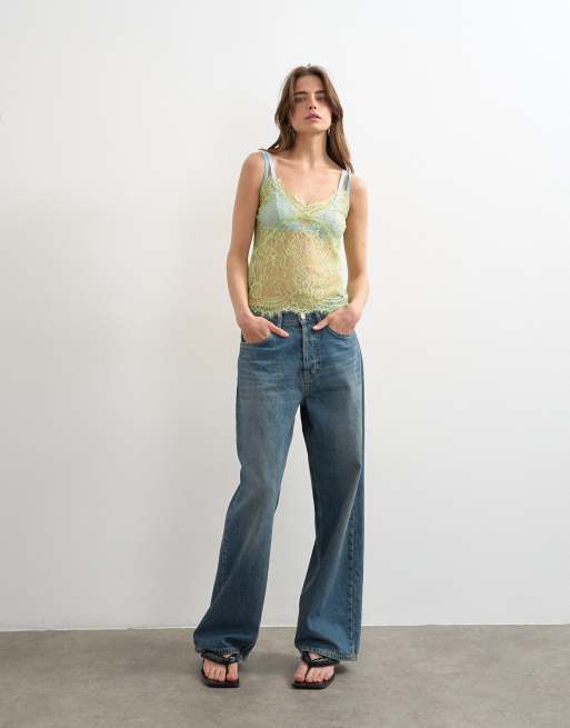 Topshop – Camisole-Oberteil aus limettengrüner Spitze mit blauer Paspelierung, 2 von 4