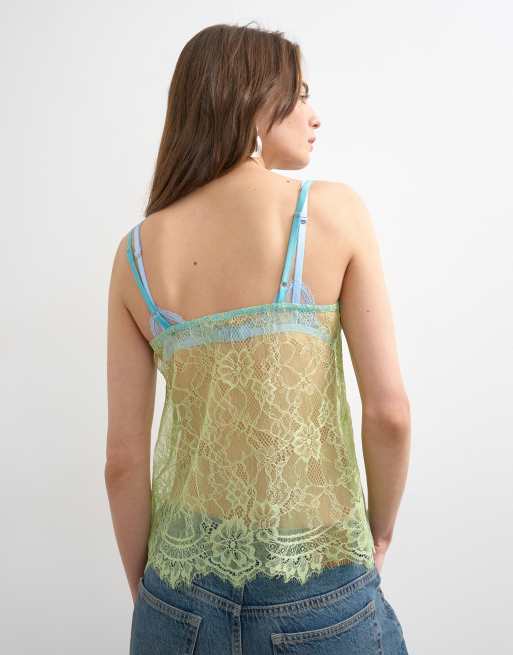 Topshop – Camisole-Oberteil aus limettengrüner Spitze mit blauer Paspelierung, 4 von 4