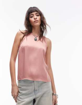 Topshop - Camisole-Oberteil aus Satin in Rosa mit offenkantigem Saum und Racer-Design, Kombiteil