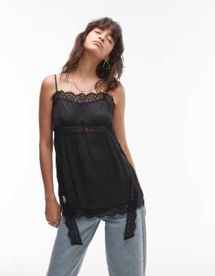 Topshop - Camisole-Oberteil in Schwarz mit Spitzeneinsatz