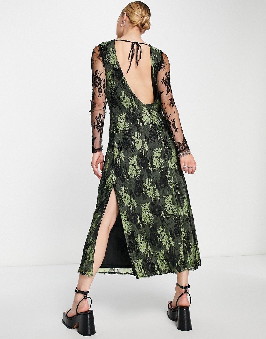 Topshop camo lace scoop neck midi dress in khaki-Green